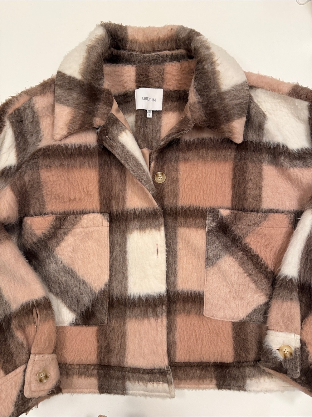 Greylin Peach & Brown Plaid Teddy Shacket